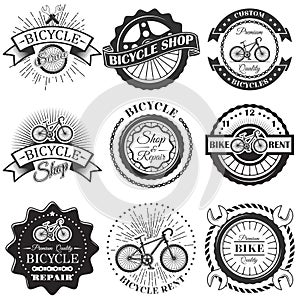 Vector set of bicycle repair shop labels and design elements in vintage black and white style. Bike logo