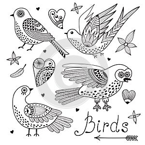 Vector set birds and hearts.