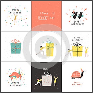 Vector set of birthday cards . Happy people and animals, presents, hand written text, confetti