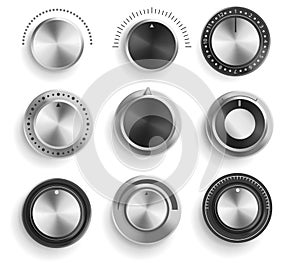 Vector set of black and chrome volume control buttons  on white background. Realistic 3d metal sound knobs. Tune