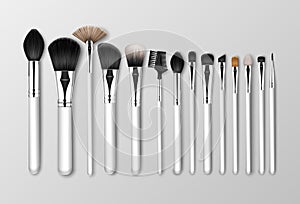 Vector Set of Black Clean Professional Makeup Concealer Powder Blush Eye Shadow Brow Brushes with White Handles Isolated