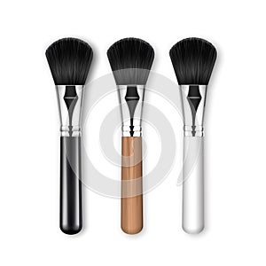 Vector Set of Black Clean Professional Makeup Powder Brush with Blackn White Wooden Handle Isolated on White Background