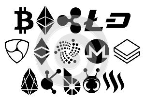 Set Of Black Cryptocurrency Icons Isolated