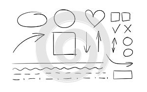 Vector Set of Black Hand Drawn Design Elements Isolateed on White Background, Circles, Geometric Shapes, Arrows, Heart