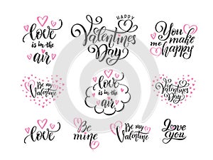 Vector Set of black hand lettering love phrases quotes to valentines day, love concept, wedding design template, hearts