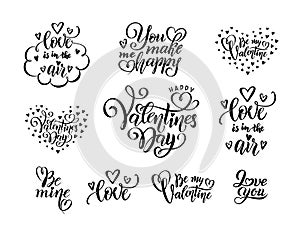 Vector Set of black hand written lettering love phrases quotes to valentines day, love concept, wedding design template