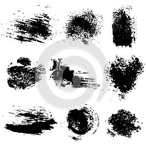 Vector set of black inc blots and brush strokes