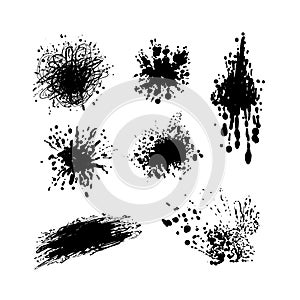 Vector set of black ink splatters, paint splash isolated on white background, flat silhouettes collection.