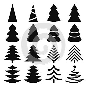 Vector set of black isolated silhouettes of Christmas trees on a white background