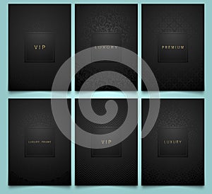 Vector set black packaging templates with brilliant linear geometric and floral damask pattern texture for luxury product