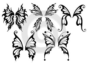 Vector set of black silhouette butterfly wings. Collection of line art monochrome different elf wings isolated from background