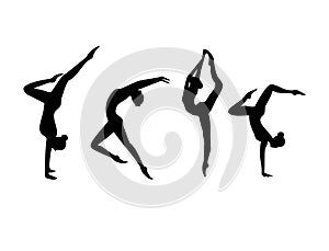 Vector Set of black silhouette gymnastic girls isolated.