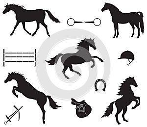 Vector set of black silhouette horse and equipment