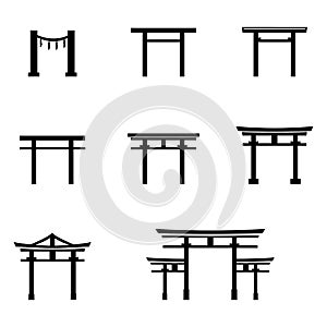 Vector Set of Black Silhouette Torii Gate Icons.
