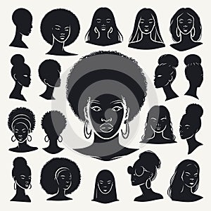 Vector set of black silhouettes of black women with different hairstyles