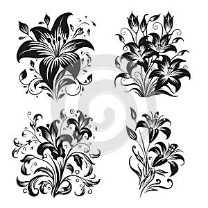 Vector set of black silhouettes of lily flowers isolated on a white background.