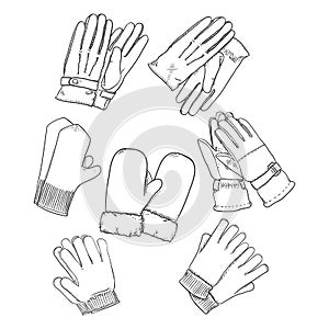 Vector Set of Black Sketch Gloves and Mittens