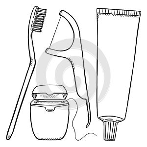 Vector Set of Black Sketch Tooth Brushing Items. Tooth Brush, Dental Floss, Dentifrice. photo