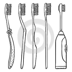 Vector Set of Black Sketch Toothbrushes. Different Types of Tooth Brushes.