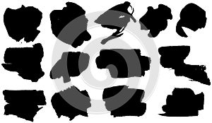 Vector set of black smears paint, ink brush strokes, brushes, lines. Dirty artistic grunge ink banner