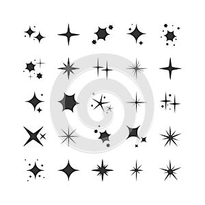 Vector set of black sparkles. Collection of star sparkles symbol. Magic particle effect icon. Star shine, flat design.