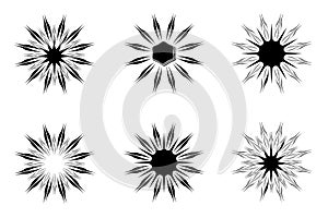 Vector set of black sun stars flower sunburst starburst floral icons decoration illustration abstract background pattern seamless