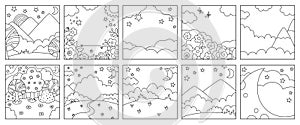 Vector set of black and white abstract backgrounds with clouds, stars, moon, garden, field, magic forest. Fantasy world line