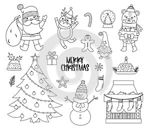 Vector set of black and white Christmas elements with Santa Claus, deer, fir tree, presents isolated on white background. Cute