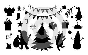 Vector set of black and white Christmas silhouettes with Santa Claus, deer, fir tree, presents isolated on white background. Cute