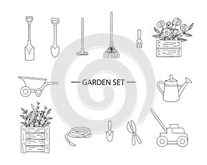 Vector set of black and white garden tools