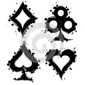 Vector set of black and white graphic illustration of sign of playing card with ink blot