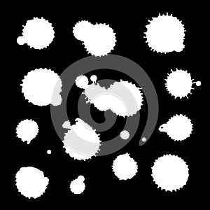 Vector set of black and white ink splash, blots and brush strokes, isolated on the white background. Series of vector splash, blot