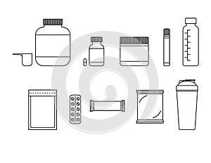 Vector set of black-white sports nutrition icons isolated from the background.