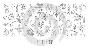 Vector set of black and white tree elements isolated on white background.