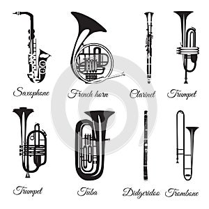 Vector set of black and white wind musical instruments