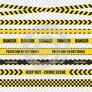 Vector set of black and yellow police stripe border isolated on transparent background.