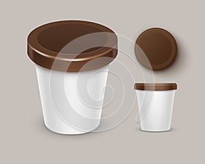 Vector Set of Blank Food Plastic Tub Bucket Container For Chocolate Dessert, Yogurt, Ice Cream Top Side View Isolated