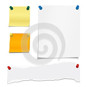 Vector set of blank papers with pins and shadows with space for