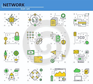 Vector set of blockchain technology and cryptocurrency icons in thin line style. Bitcoin, ethereum, ICO. Website UI and