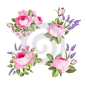Vector set of blooming flowers for your design. Spring, summer wedding romantic elegant date marriage symbol. Rose and