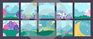 Vector set of blue abstract backgrounds with clouds, stars, moon, garden, field, magic forest, mountains. Fantasy world scenes