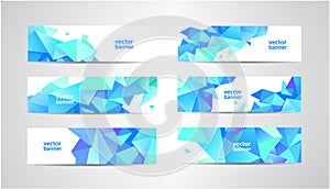 Vector Set of blue banners with polygonal geometric background, facet, low poly, triangles headers