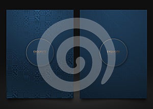 Vector set blue packaging templates with different geometric pattern texture for luxury product. Frame design for logo. Ethnic