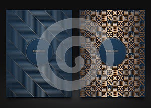 Vector set blue packaging templates with different golden geometric pattern texture for luxury product. Frame design for logo.