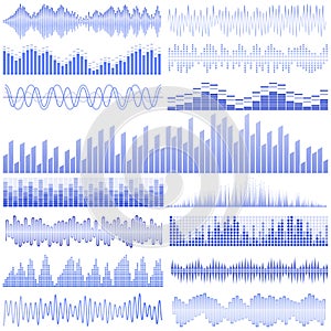 Vector set of blue sound waves. Audio equalizer. Sound & audio waves
