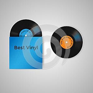 Vector set of blue vinyl cover and two vinyl records with blue and orange label