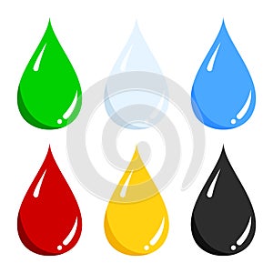 Vector set of blue water, green, light blue milk, red blood, yellow honey, black oil liquid drop icon isolated on white