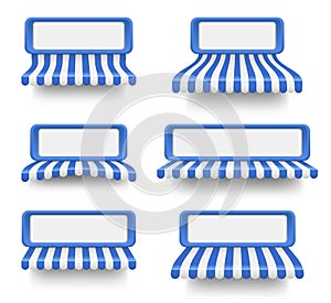 Vector set of blue-white sunshades with blank banners. Outdoors awnings for cafe, market, shops and circus on white