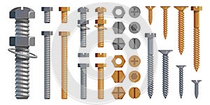 Vector set of Bolts, Nuts. Metal Screws, steel bolts, nuts, nails and rivets, self-tapping. Construction steel screw and nut,