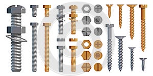 Vector set of Bolts, Nuts. Metal Screws, steel bolts, nuts, nails and rivets, self-tapping. Construction steel screw and nut, photo